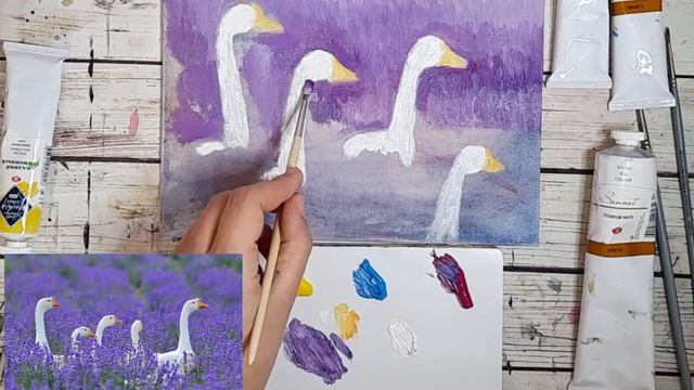 Живопись маслом | Гуси в лавандовом поле, 1часть | Летняя палитра, масляные краски. смотреть онлайн