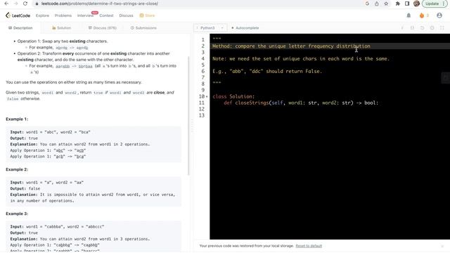 leetcode 1657. Determine if Two Strings Are Close - consider unique letter frequency distribution смотреть онлайн