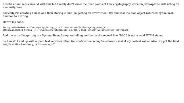 Salesforce: Storing hash values (blob) in a string field? смотреть онлайн