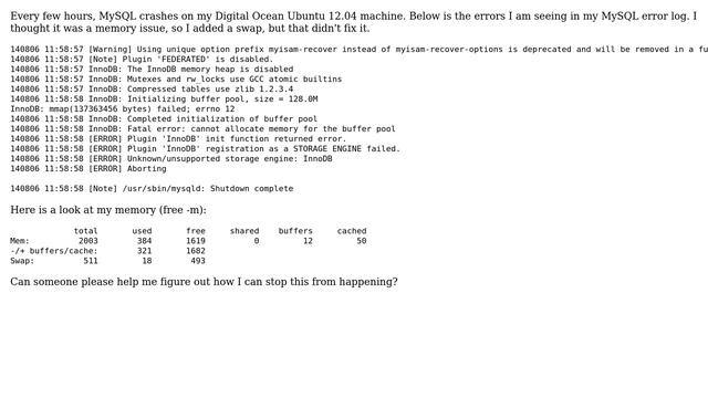 Ubuntu: MySQL keeps crashing in Ubuntu 12.04 смотреть онлайн