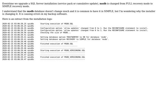 Databases: SQL Server Installer appears to be resetting MSDB Recovery Mode to Simple смотреть онлайн