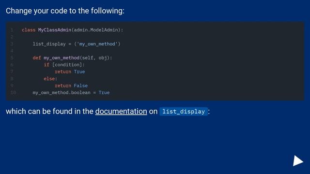 My own method used in list_display and value as boolean icon смотреть онлайн