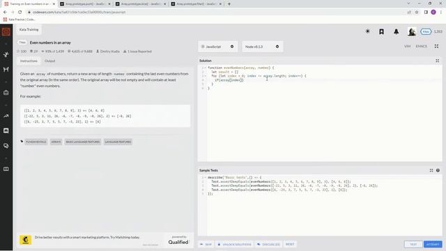 Codewars 7 kyu Even Numbers in an Array Javascript смотреть онлайн
