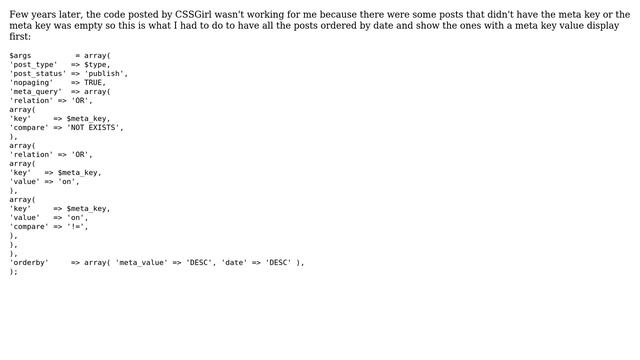 Query to sort a list by meta key first (if it exists), and show remaining posts without meta key... смотреть онлайн