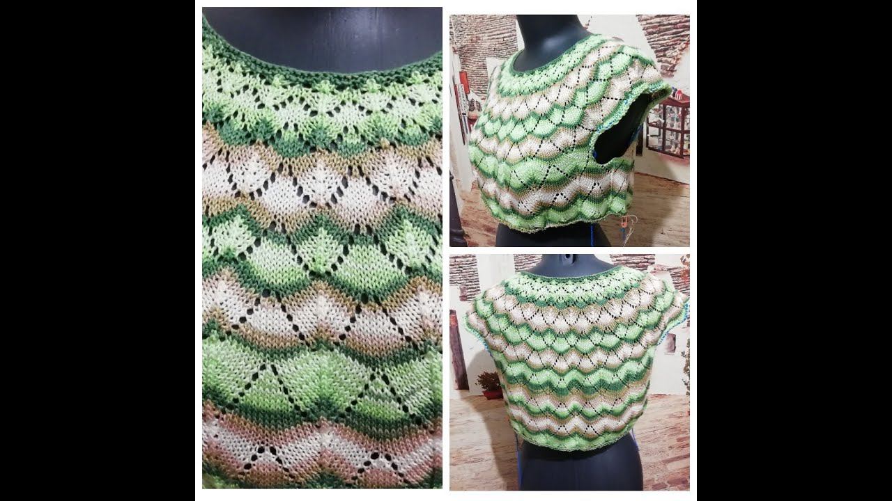 Кофточка с круглой кокеткой спицами. Вязание азиатского ростка по спинке и подрезы. смотреть онлайн