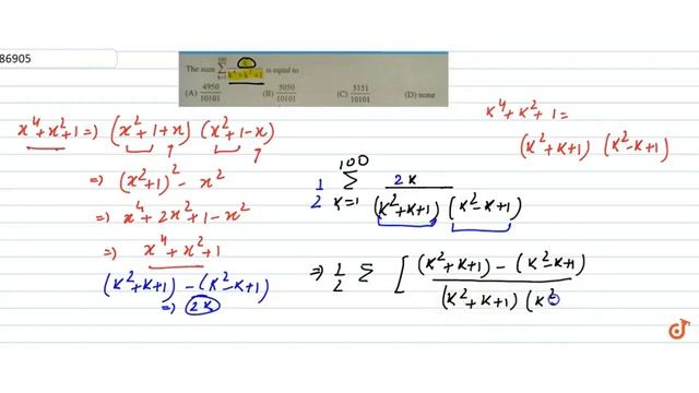 The sum `sum_(k=1)^100 k/(k^4+k^2+1)` is equal to смотреть онлайн