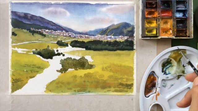 Уроки рисования. Как рисовать пейзаж акварелью. Поэтапное рисование. Акварель для начинающих. смотреть онлайн