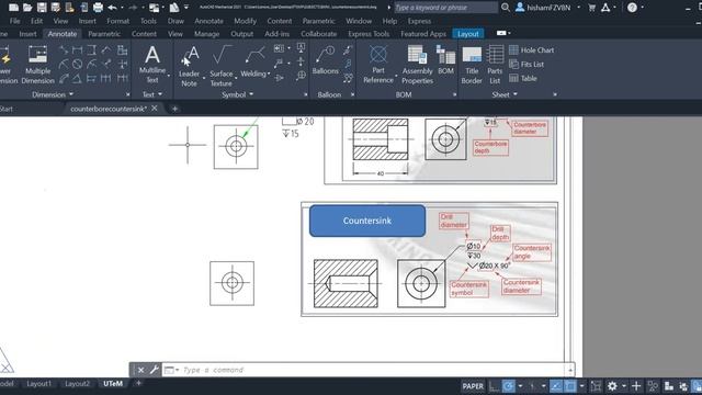 Applying counterbore and countersink symbol in AutoCAD Mechanical 2021 смотреть онлайн