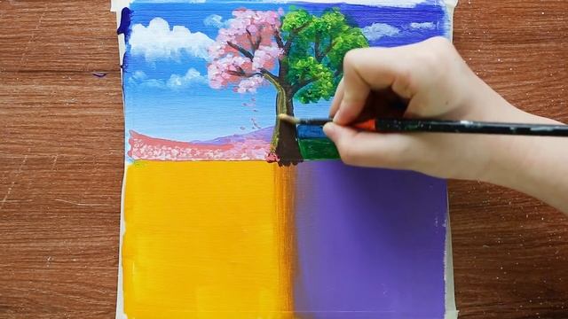 4 Seasons Tree Drawing｜Landscape Acrylic Painting on Mini Canvas Step by Step #258｜Satisfying Demo смотреть онлайн