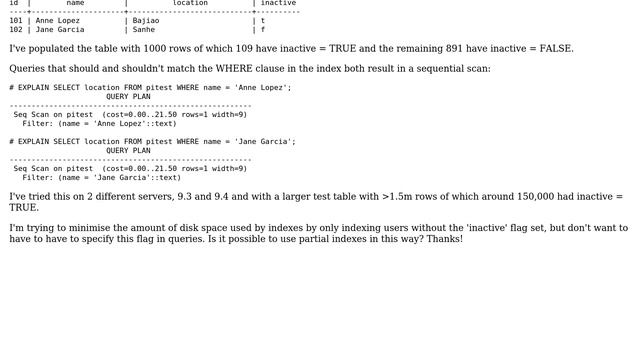 PostgreSQL not using partial index when using boolean in WHERE clause смотреть онлайн