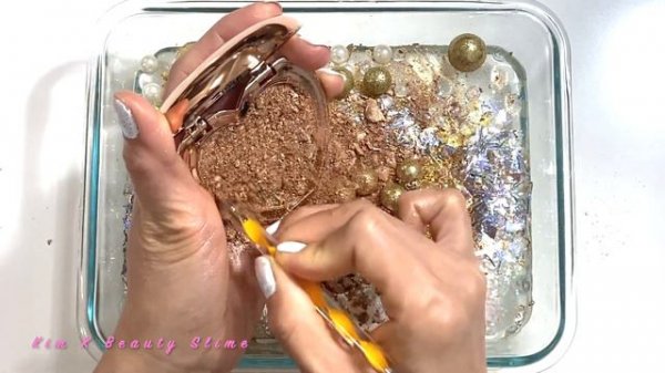 ROSE GOLD Slime Mixing Makeup Eyeshadow & Glitter Into Clear Slime Satisfying Slime Videos ASMR