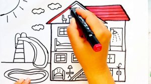 Как нарисовать кукольный домик с бассейном и горкой. How to draw a House.
