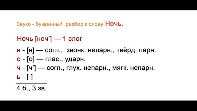 Звуко – буквенный (фонетический) разбор к слову Ночь смотреть онлайн