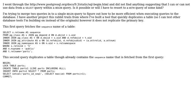Databases: PostgreSQL utilize data from SELECT in BEGIN or use WITH? смотреть онлайн