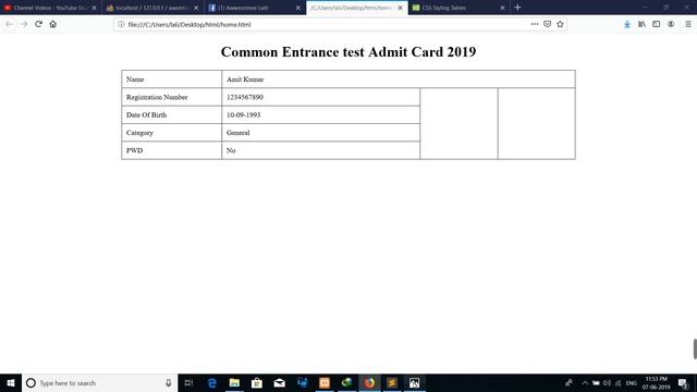 HTML table Example (Admit card) смотреть онлайн