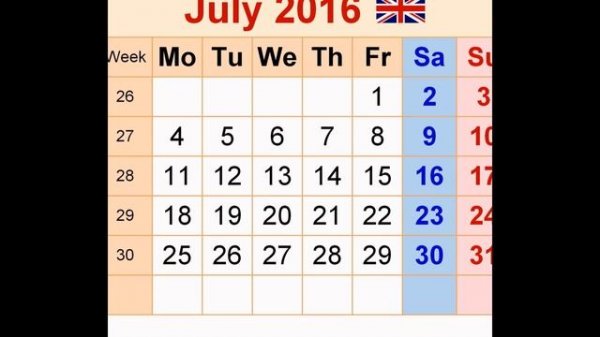 July calendar 2016