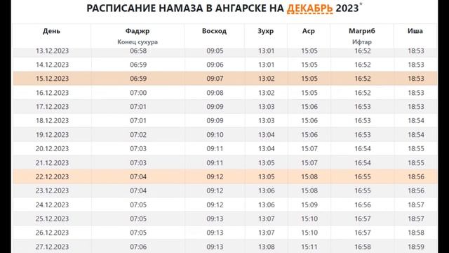 ВРЕМЯ НАМАЗА В АНГАРСКЕ НА ДЕКАБРЬ 2023 смотреть онлайн