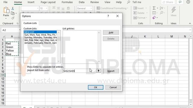 Insert a new Custom List including values from the cell range A2:A5. смотреть онлайн