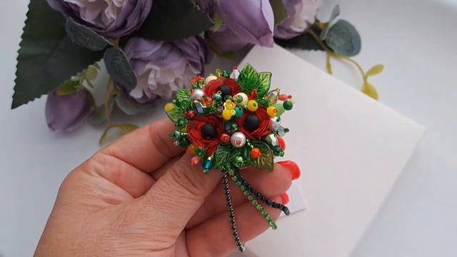 Брошь букет с цветами/Brooch bouquet with red flowers смотреть онлайн