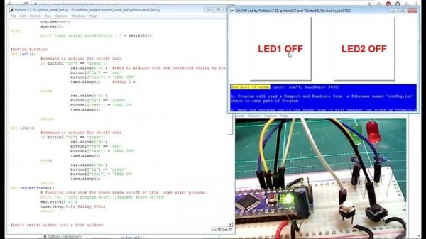 Arduino Python Serial Comm.(Read,Write) and Python GUI with Tkinter (ctrl. LEDs on/off  w/ Buttons)