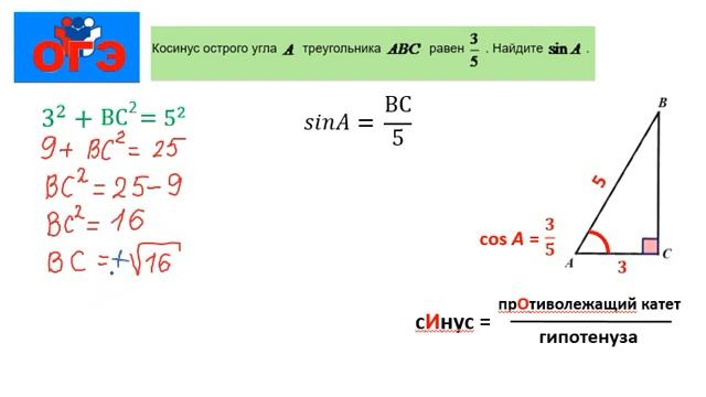 15 задание ОГЭ математика. Основное тригонометрическое свойство. Найдите синус угла. Урок №7 смотреть онлайн