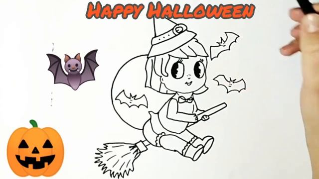 How to draw a Cartoon Witch. Happy Halloween! Рисуем Ведьму. РАСКРАСКА. смотреть онлайн