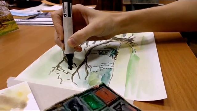 Быстрый скетч акварелью и линером. Лесной пейзаж. АФФРЕСКО смотреть онлайн