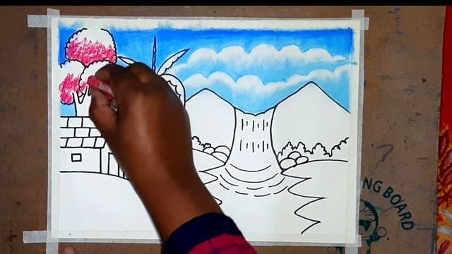 How to draw easy scenery With hills- Landscape drawing watercolor painting with pencil sketch смотреть онлайн