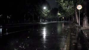 Гроза и сильный дождь на дороге на рассвете, когда никого нет - белый шум