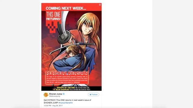 Rurouni Kenshin Manga Returns Next Week