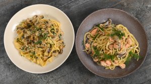 Тальятелле с грибами в сливочном соусе. Спагетти с копченым лососем и вешенками