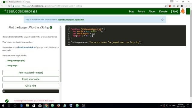 Freecodecamp - Find the longest word in a sentence смотреть онлайн