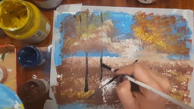 Рисуем осенний парк губкой. Рисуем осень легко. Правополушарное рисование. Рисуем пейзаж гуашью. смотреть онлайн