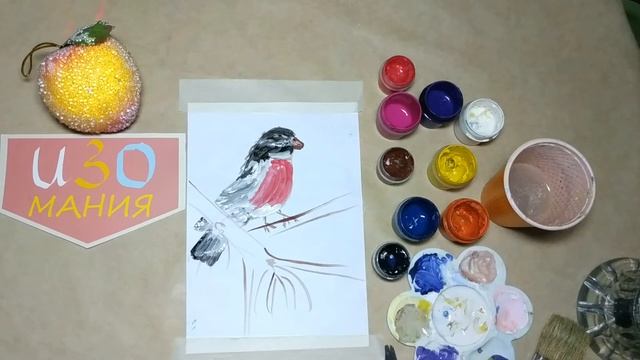 Рисуем снегиря на ветке. Рисунок гуашь досуг для детей. смотреть онлайн