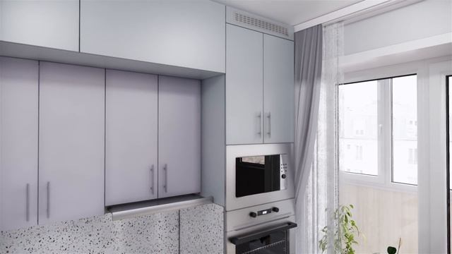 Кухня из мдф, Лайт Грей софт и Лиловый софт, столешница Терраццо крупная. смотреть онлайн