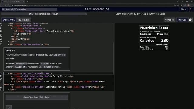 learn2code | freeCodeCamp (New) Responsive Web Design - Building a Nutrition Label: Step 50 смотреть онлайн