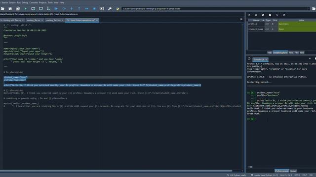 Input function, output operations with , %s , {} placeholders in Python смотреть онлайн