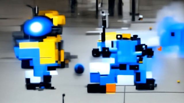 "8 bit video game where a blue robot jump and shoot small yellow robots, pixel, game console" смотреть онлайн