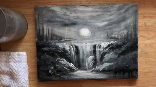 ACRYLIC PAINTING TUTORIAL/ ONE BRUSH!! Black & White LANDSCAPE / STEP BY STEP