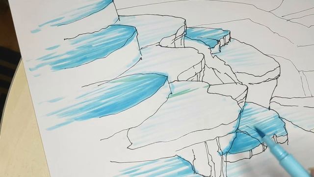 СКЕТЧИНГ МАРКЕРАМИ. ИЗОБРАЖЕНИЕ ВОДЫ. ПАМУККАЛЕ. ЧАСТЬ 1.