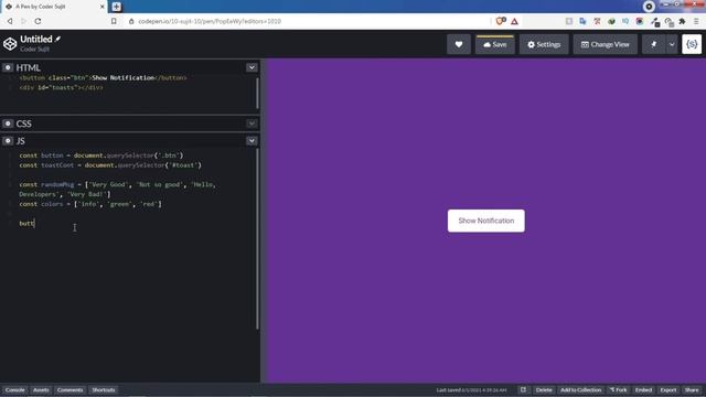 How to create a Toast Notification using Javascript | Codepen tutorial | Full Explaination! смотреть онлайн