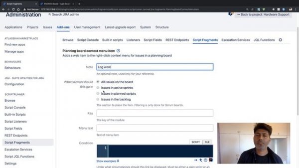 ScriptRunner - Add custom menu item on SCRUM board using Script Fragments