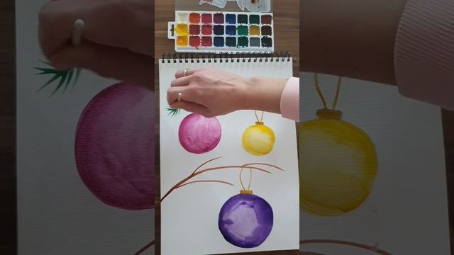 Еловая веточка с новогодними шарами. Рисуем акварелью. смотреть онлайн