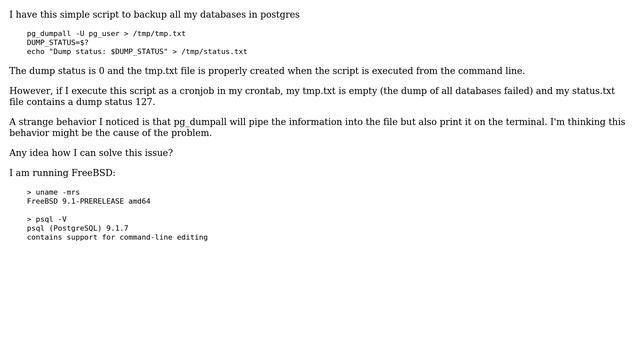 Databases: How do I solve an error code 127 when doing a pg_dumpall through a cronjob? смотреть онлайн
