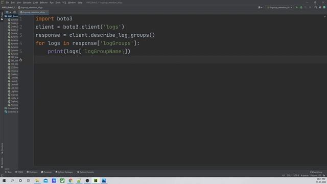 Set AWS cloudwatch log groups Retention Policy for all Log using python boto3 script смотреть онлайн