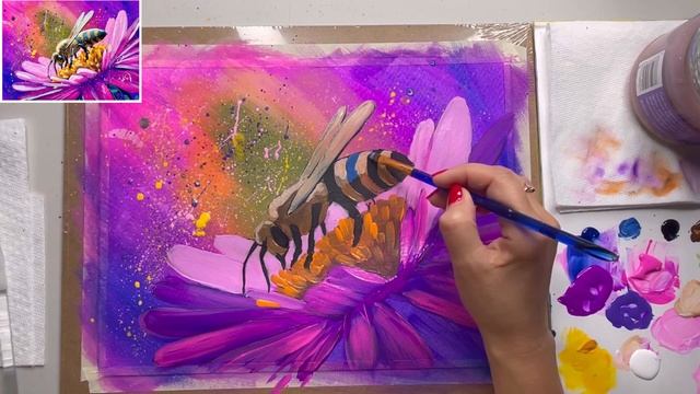 Рисуем вместе ПЧЕЛКУ на цветке с «вау» эффектом. Пошаговый урок. Painting a bee смотреть онлайн