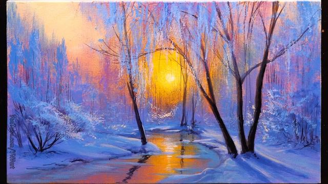 👍 Acrylic Landscape Painting - Winter Dawn / Easy Art / Drawing Lessons / Satisfying Relaxing. смотреть онлайн