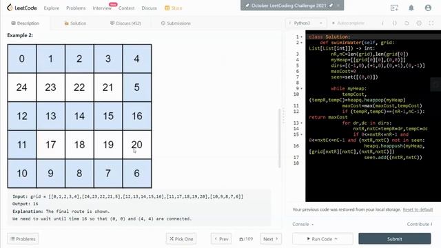 Leetcode 778. Swim in Rising Water, DFS, Min Heap смотреть онлайн