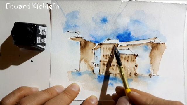 Акварель, перо, водная кисть- рисование . Как нарисовать дом. Урбанскетчинг.Эдуард Кичигин смотреть онлайн