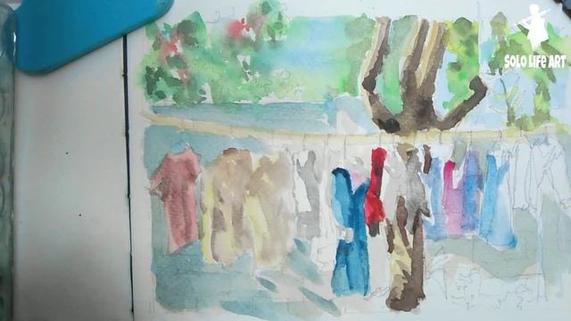 Watercolour Sketching "Drying clothes" | Watercolour painting | Watercolour Sketch. смотреть онлайн